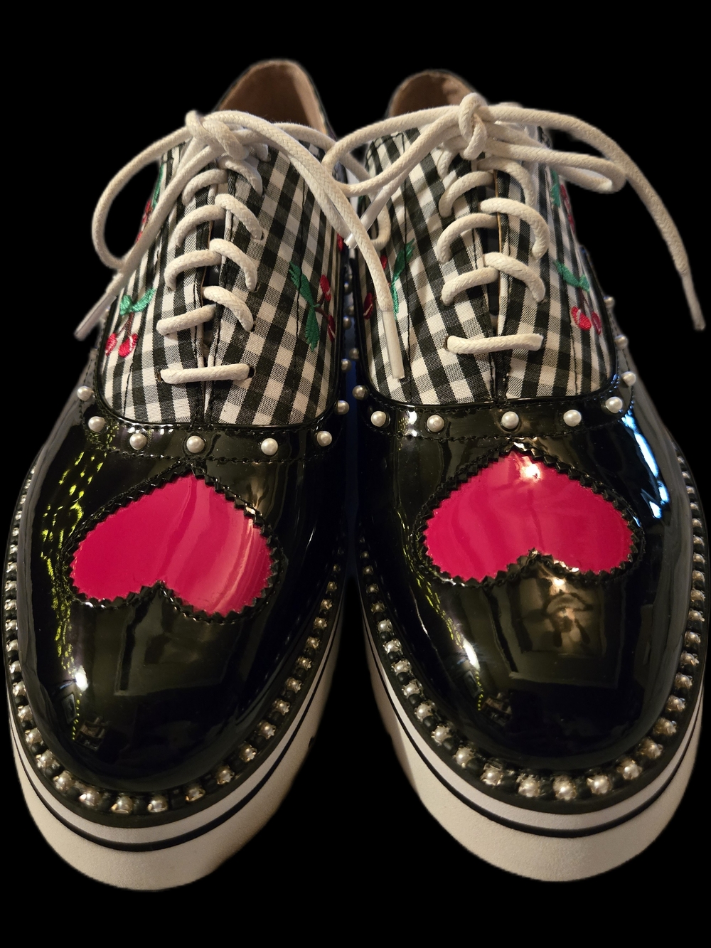 Betsey Johnson Cherry Embroidered Gingham Platform Shoes Size 7.5. Worn Once.